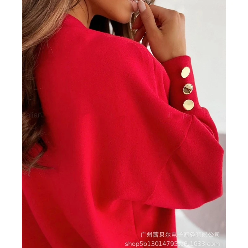 

Mandylandy T-shirt Summer Fashion Long Sleeve V-neck Pullover T-shirt Tops Women's Casual Solid Color Buttons Loose T-shirt