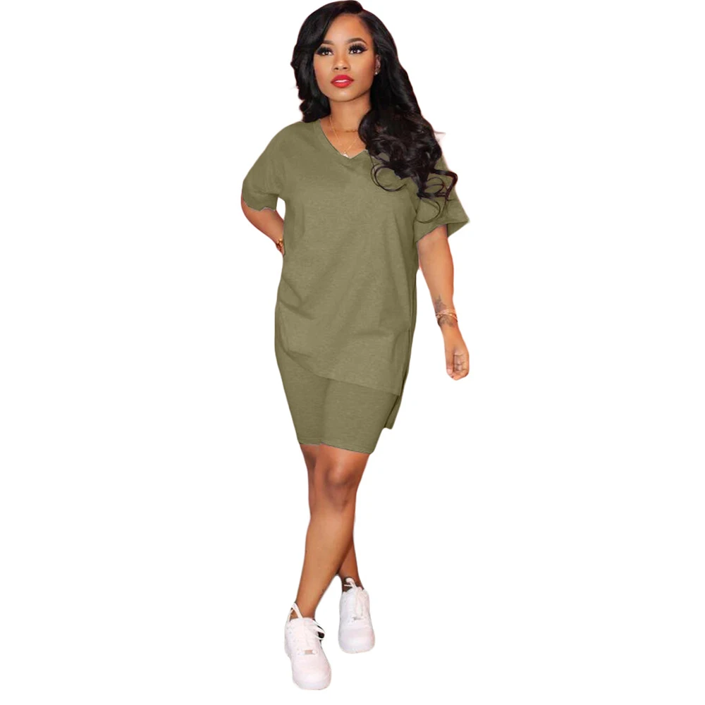 

Two Piece Set Women Summer Outfits 2020 Short Sleeve V Neck Tee Shirts Solid Color Casual Sport 2 Piece Matching Biker Sets