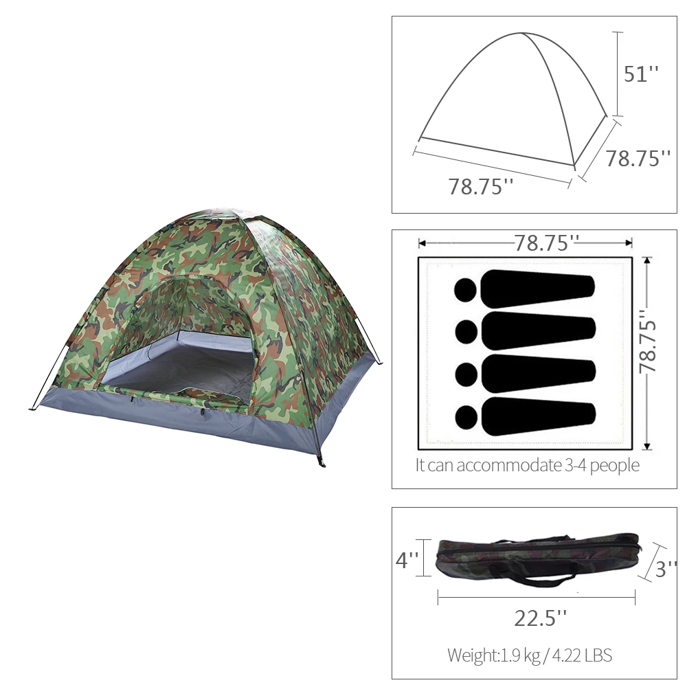 

3-4 Person Camping Dome Tent Camouflage Self-driving Tour Hiking Fibreglass