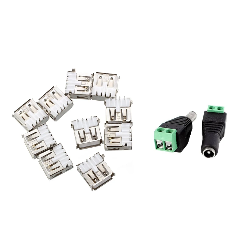 10Pcs USB Type-A Socket 90-Degree Female Connector Jack &amp 6 Pcs 5.5X2.1mm + Male CCTV DC Power | Компьютеры и офис