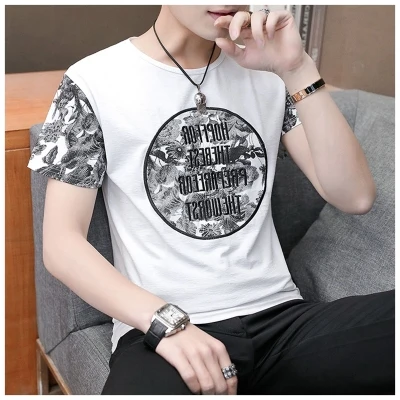 

han Men's short-sleeved round neck, printed cotton, trendy, slim, handsome, summer top, trendy brand, personality, fashion