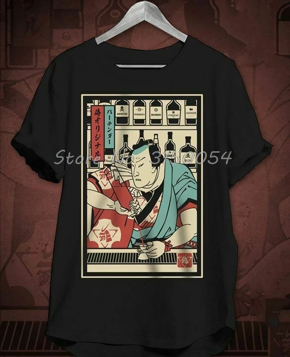 Футболка мужская с самураем и барменом хлопок забавная тенниска круглым вырезом