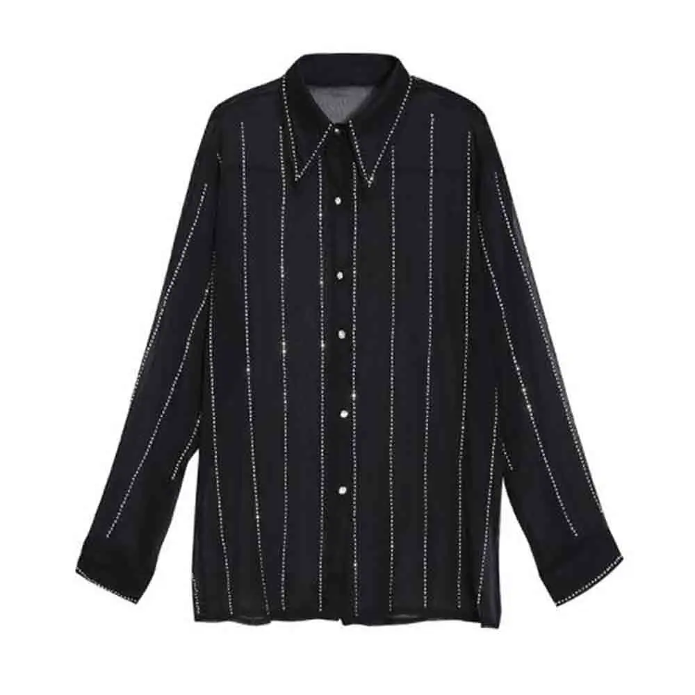 

European Women New Fashion Turn Down Collar Single Breasted Metal Striped Chiffon Shirts Female Vintage Elegant Party Blouses