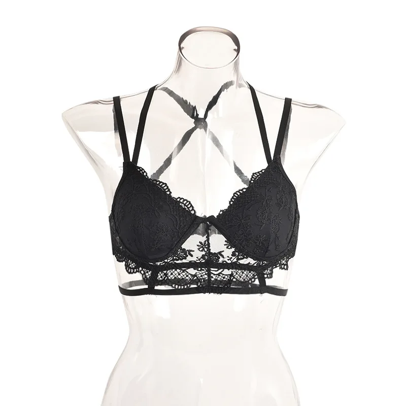 Cryptographic Floral Lace Bralette Bandage Hollow Out Sexy Crop Tops Women Summer Sleeveless Bustier Tops Underwear Streetwear - Цвет: black