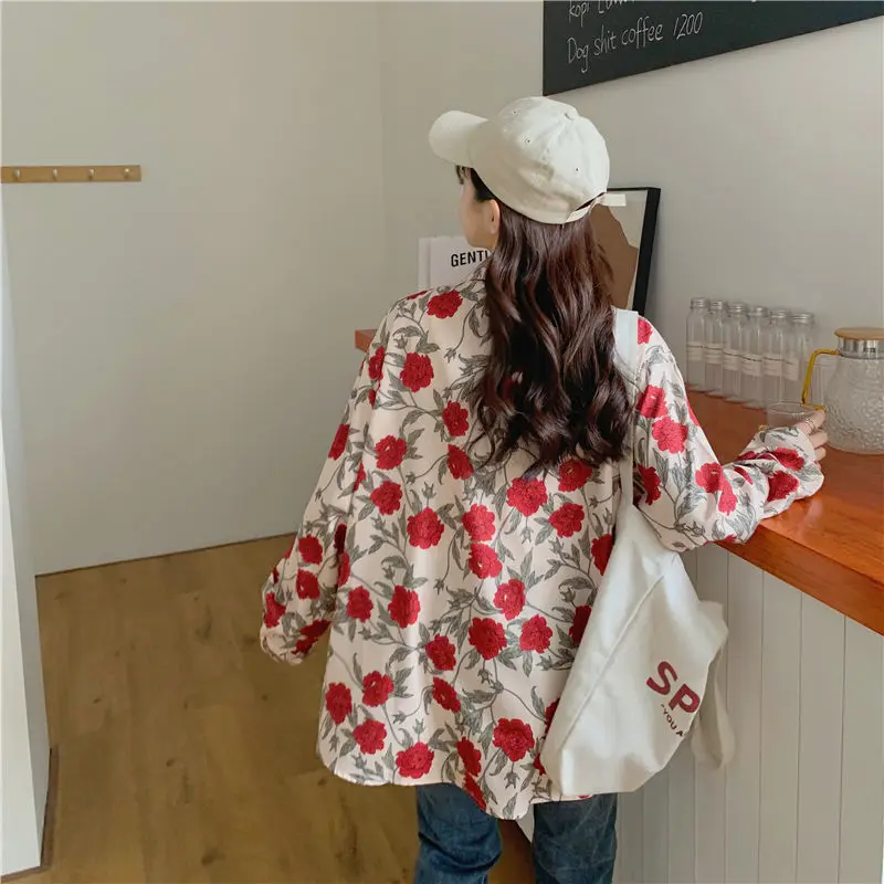 

Vintage Shirts for Women Korean Fashion 2021 Spring Print Shirts Women Long Sleeve Casual Loose Button Up Shirt