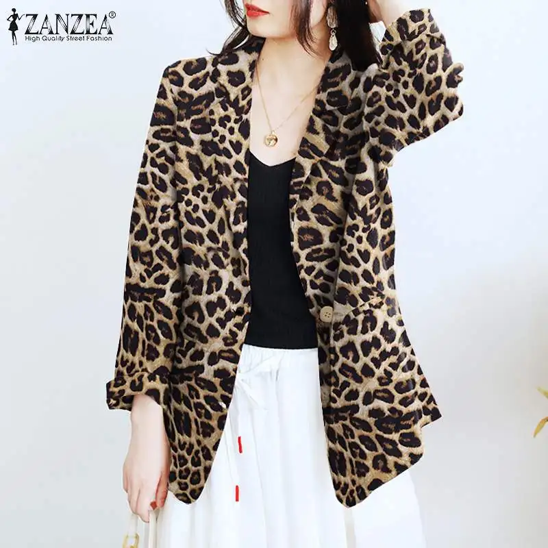 

ZANZEA Women Autumn Leopard Printed Blazer Oversized 2022 Spring Warm Long Sleeve Office Lady Outwears Fashion Coat Loose Blazer