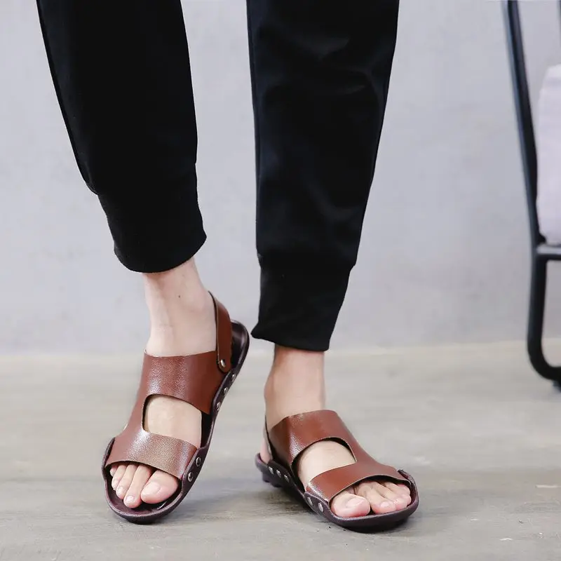 Сандалии Mazefeng мужские из лакированной кожи удобные пляжные шлепанцы без