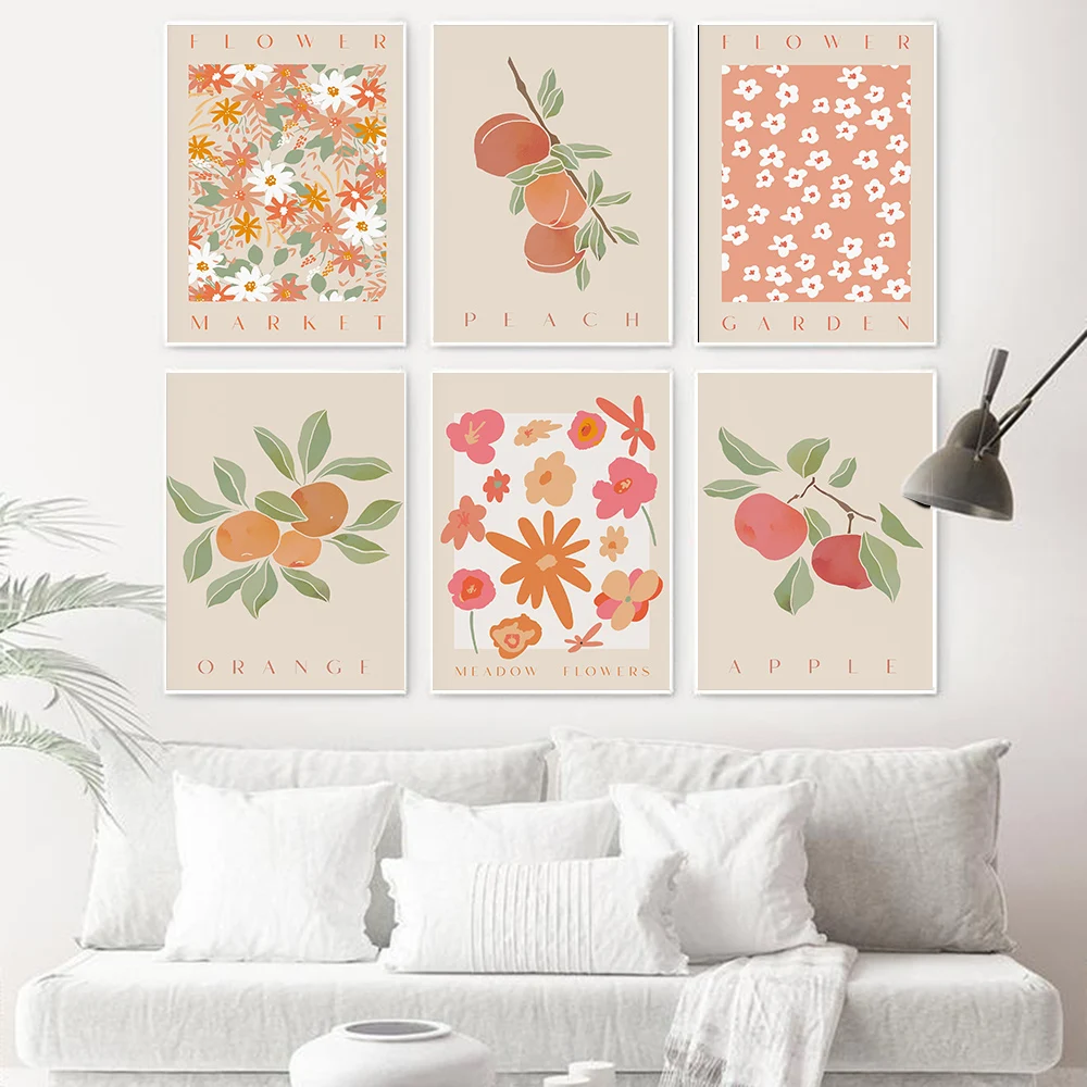 

Orange Apple Peach Fruit Flower Market Wall Art Canvas Painting Nordic Posters And Prints Wall Pictures For Living Room Decor