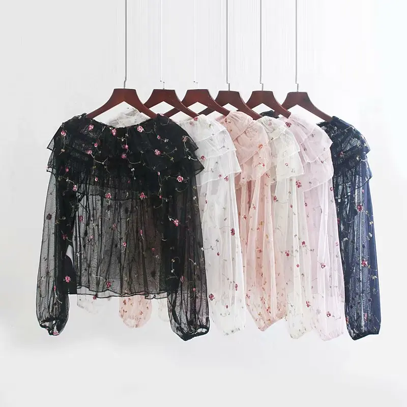 Женская мода 6 цветов Цветочная вышивка Повседневная сетчатая Рубашка Блузки