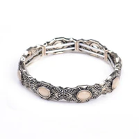 antique silver color charm bracelet women boho blue resin stone carved elastic femme bracelets bijoux bangles wristband