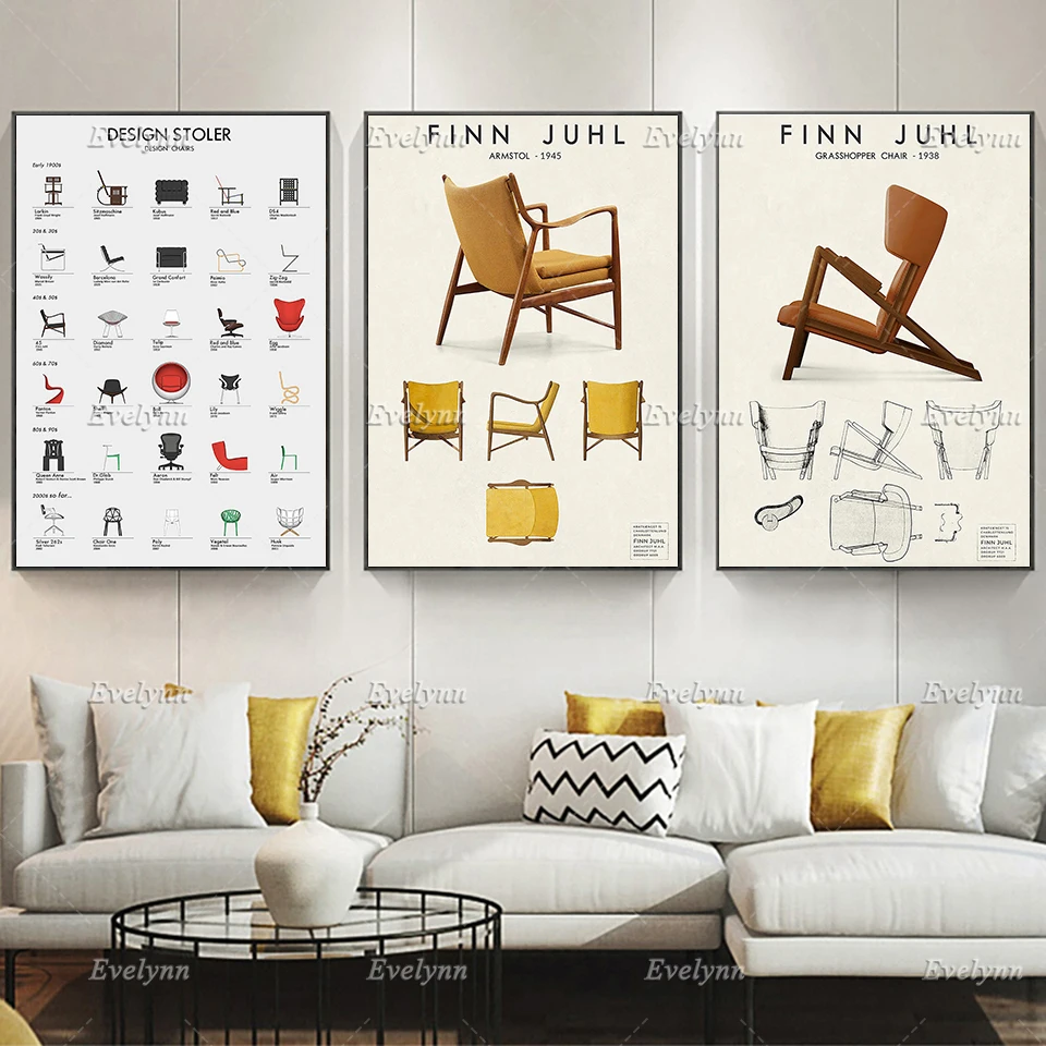 S Vintage Posters, Scandinavian Danish Furniture Print, Finn Juhl Design Chairs,wall Art Home Decor Canvas