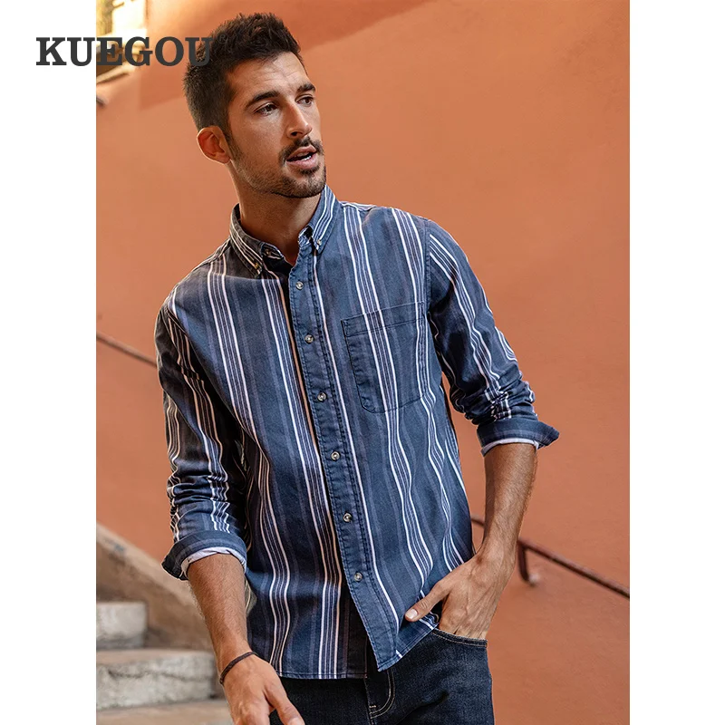 

KUEGOU 100% Cotton Spring Autumn Men's Shirt Long Sleeve fashion Blue Striped Shirts men Top contrast color Plus size BC-20516