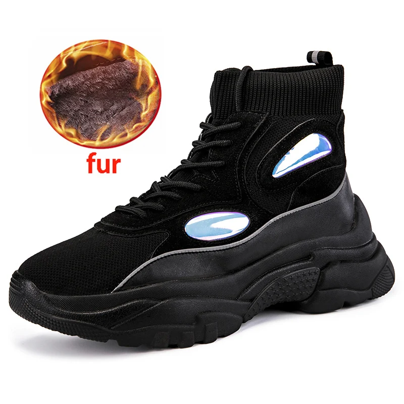 Fur Black Кроссовки на плоской платформе; женская модная обувь на толстой подошве, визуально увеличивающая рост на 5 см; цвет черный, белый; повседневная обувь на массивном каблуке; Осенняя женская обувь - Цвет: Fur Black