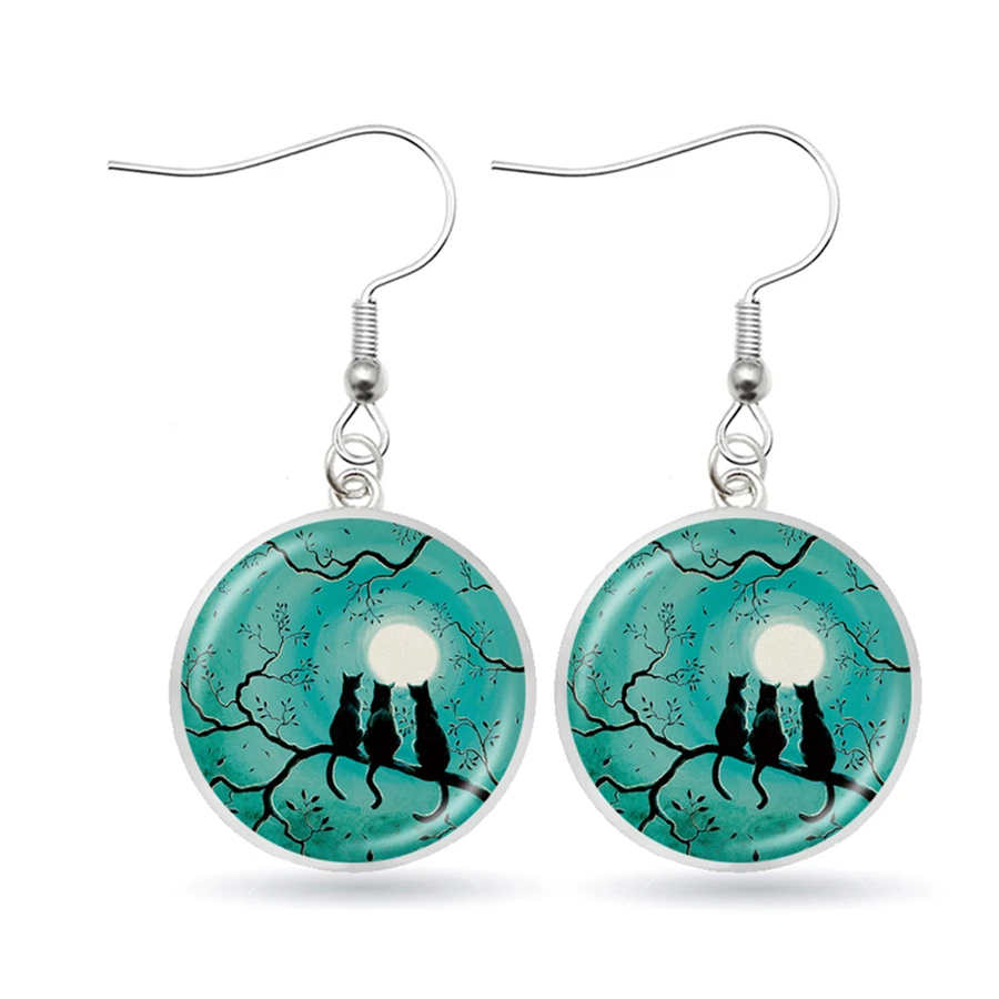Полные серьги висюльки с Луной Черный кот на в виде дерева астрономические