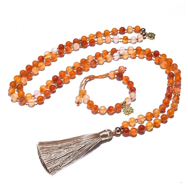 8mm Orange Agate Japamala Beaded Necklace Meditation Yoga Blessing Spirit Jewelry Set 108 Mala Women Rosary Lotus Pendant | Украшения и