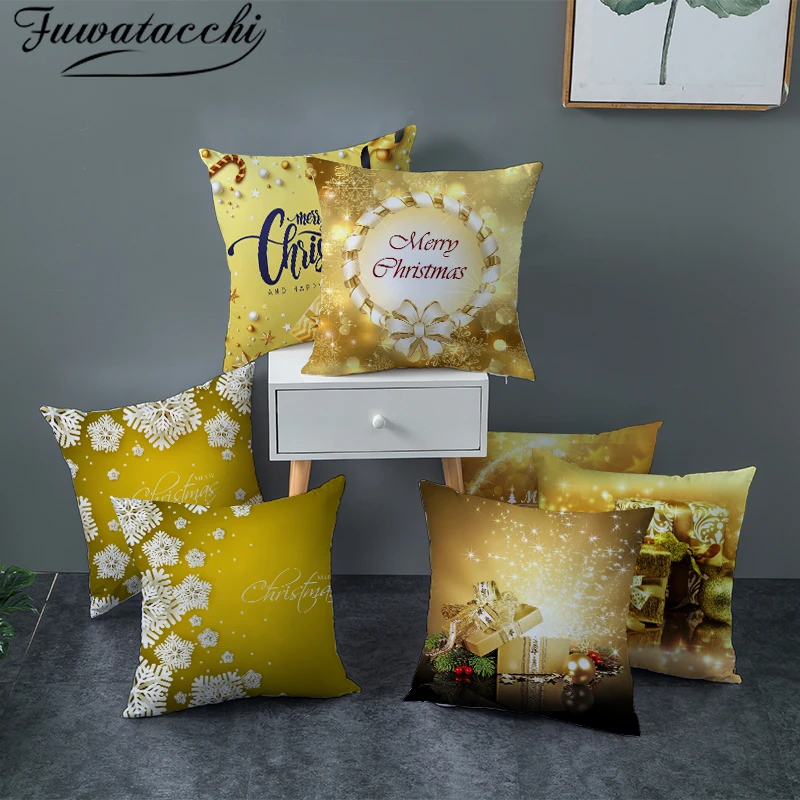 

Fuwatacchi Gold Christmas Pattern Cushion Cover New Year Gift Throw Pillow Covers for Home Sofa Decorative Pillowcases 45*45cm
