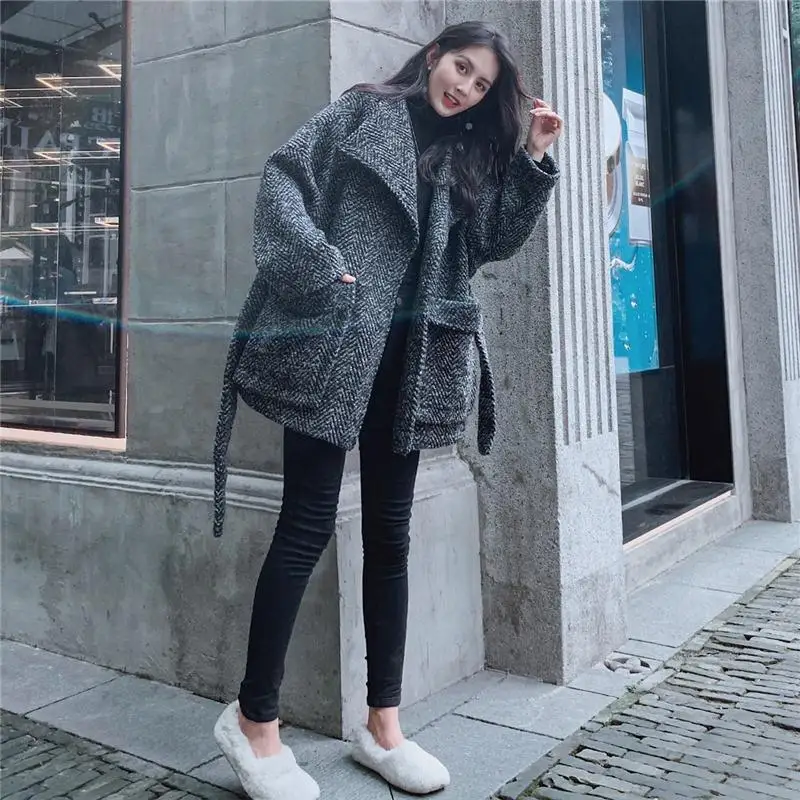 

Lamtrip Women Loose Twill Woolen Coats New Arrival Long Oversize Waistband Jacket