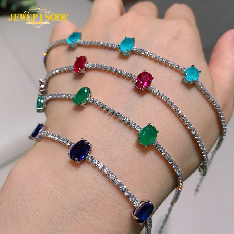 

Jewepisode Charm Bracelets for Women Silver 925 Sterling Paraiba Tourmaline Emerald Ruby Diamond Bracelet Party Fine Jewelry
