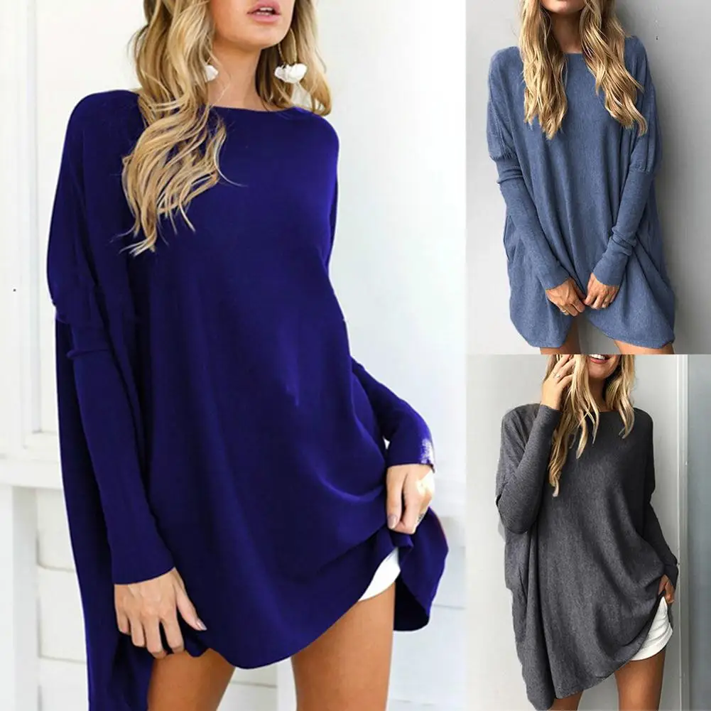 Женский Повседневный свободный однотонный пуловер с длинным рукавом и круглым