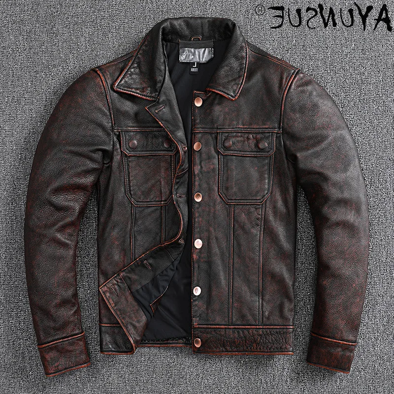 

2021 Весенняя коллекция; Натуральная кожаная куртка для мужчин Винтаж куртка из бычьей кожи размера плюс кожаные куртки человек 5xl Chaqueta De Los ...