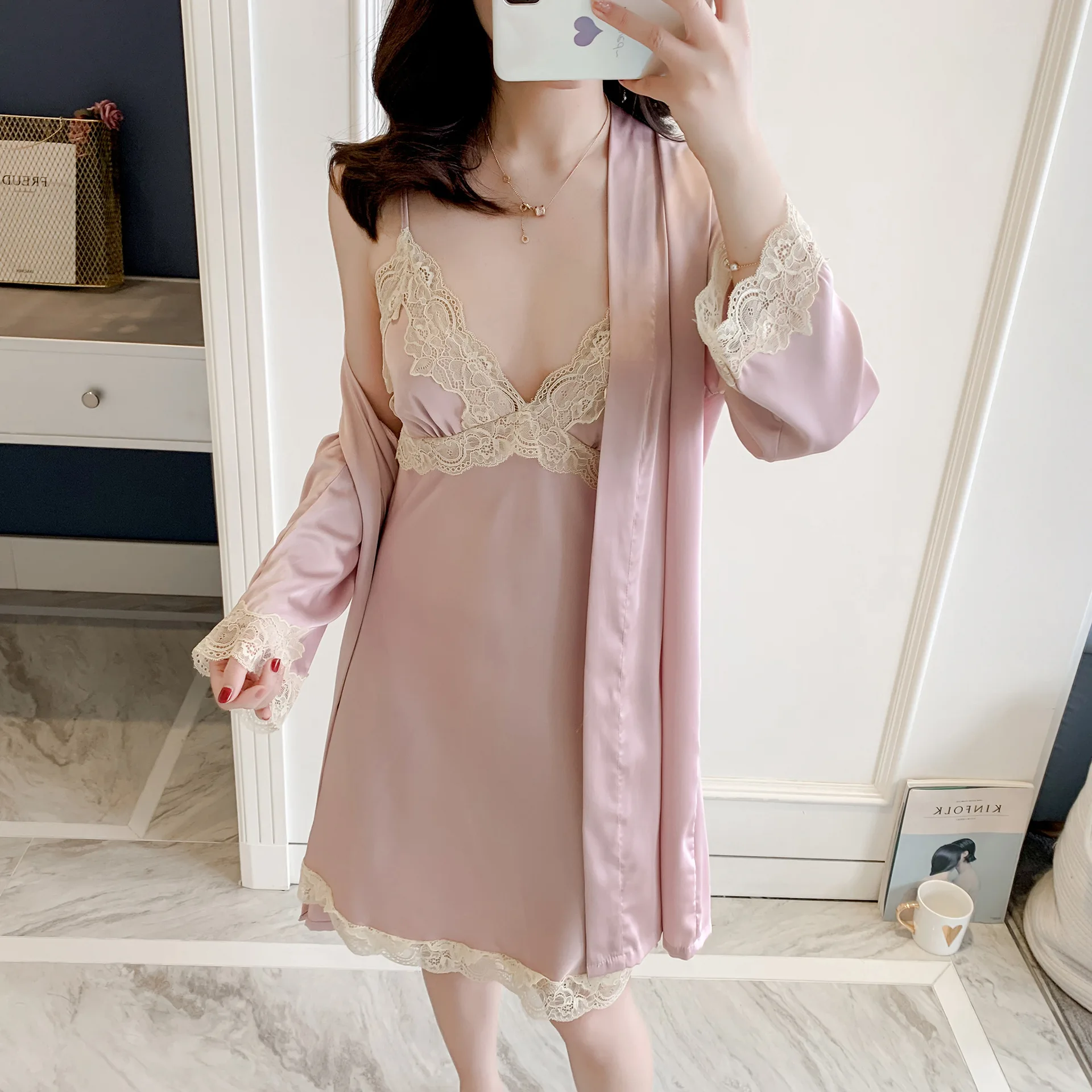 

Summer sexy lace trim women's robe & gown sets bathrobe + mini nightdress two pieces sleepwear womens sleep set faux silk