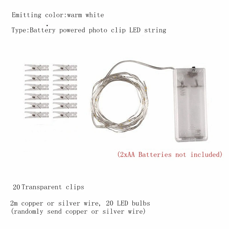 2 м/5 м/10 м USB светодиодный гирлянда для использования вне помещения Гирлянда для фото клип Декор фея/струна светящаяся гирлянда батарея Рождественская медная проволочная лампа - Испускаемый цвет: 2m 20leds