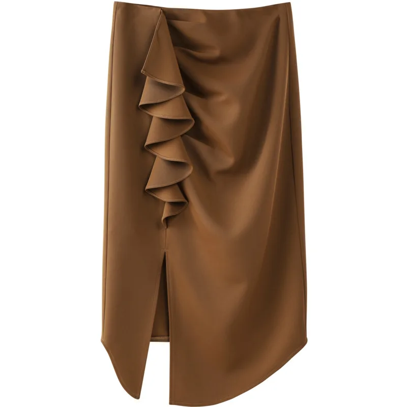 

In the spring of the new show thin solid color light ripe temperament fold joker split falbala skirts