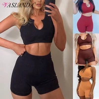 women workout outfits 2 piece ribbed yoga set seamless sports bra high waist fitness shorts sets gym tracksuits activewear