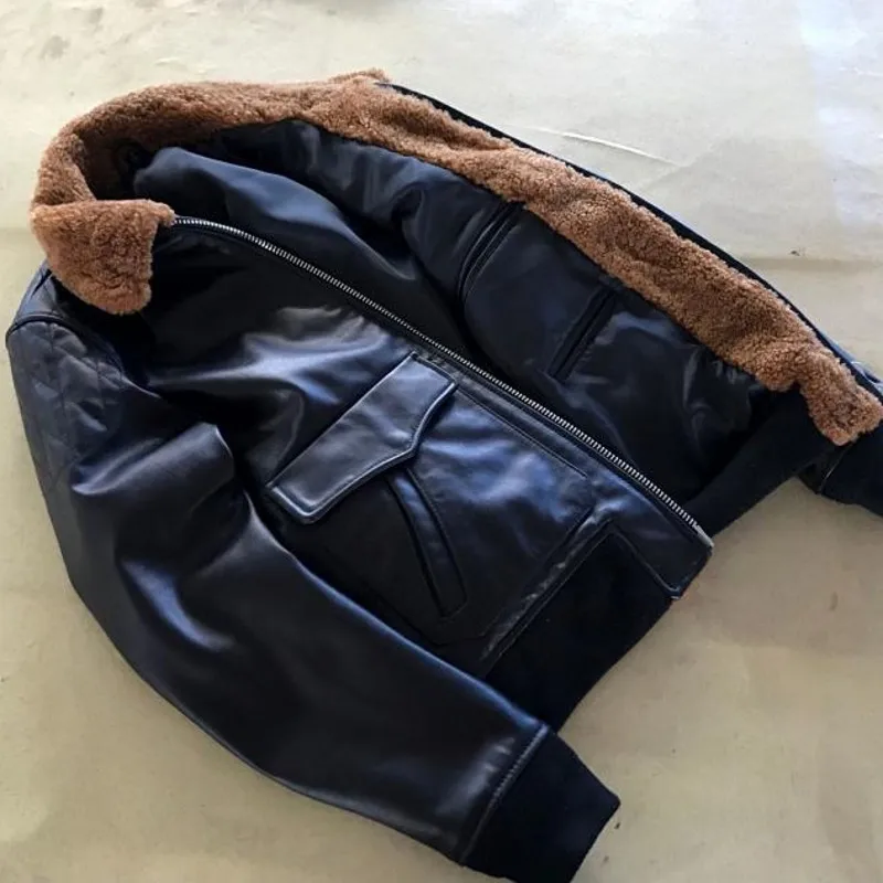 Top Brand Men Horsehide Real Leather Bomber Jacket Cotton Padded Sheep Fur Collar Coats Slim Motociclista Genuine | Мужская одежда
