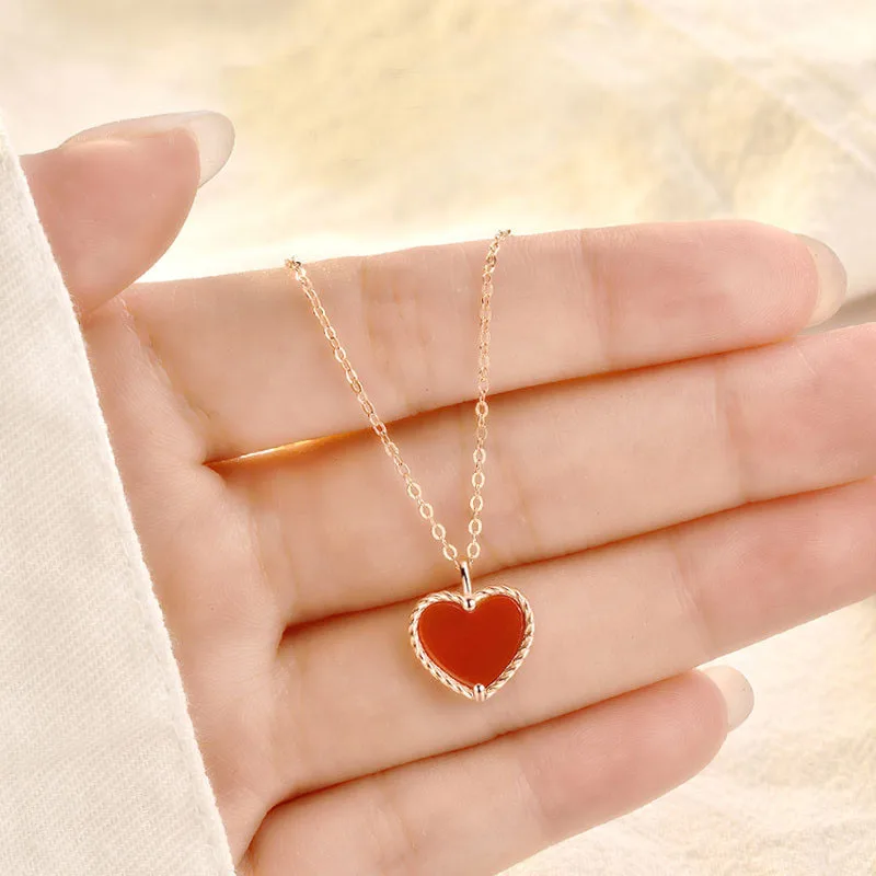 

S925 Sterling Silver Agate Love Necklace Female Sen Sweet Girl Heart Honey Collarbone Chain Accessories