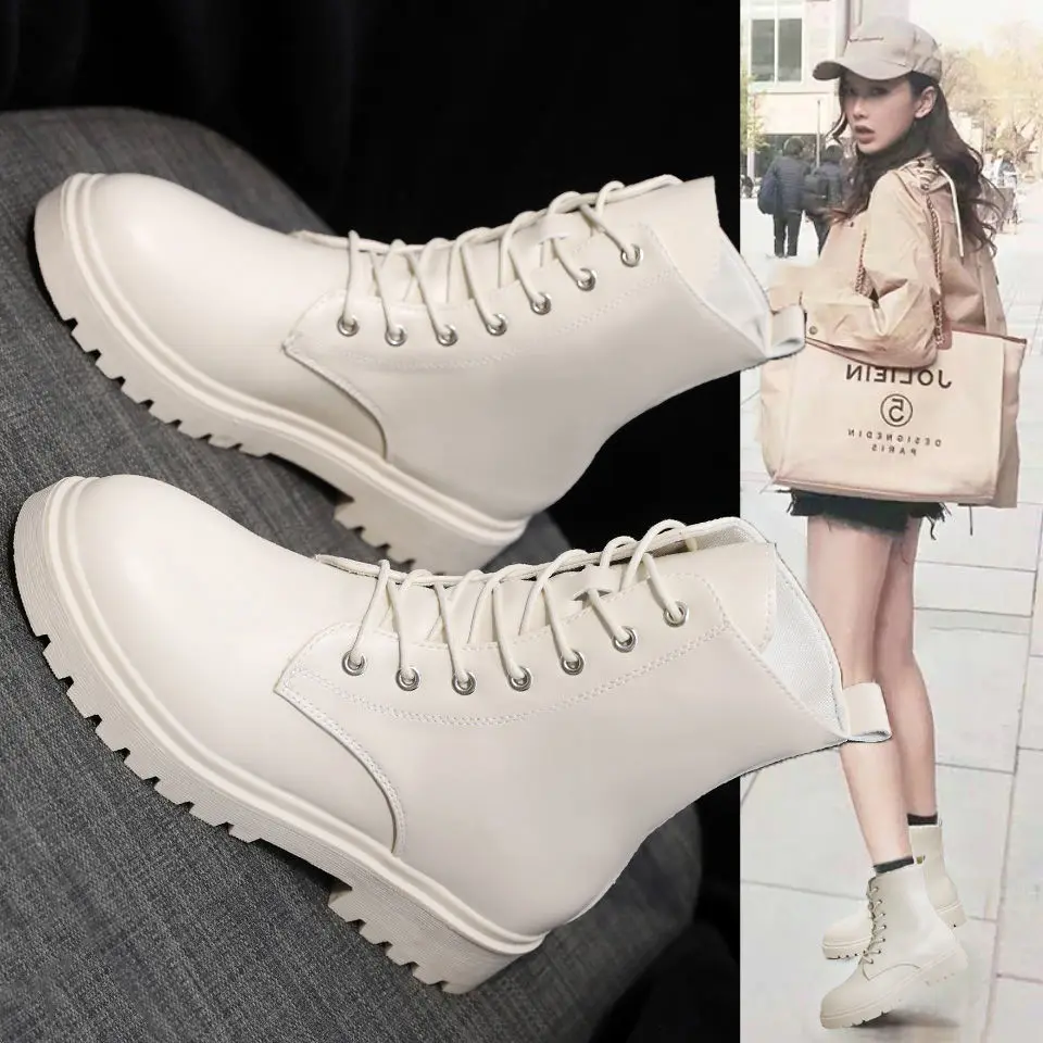 

White Black PU Leather Ankle Boots Women Autumn Winter Round Toe Lace Up Shoes Woman Fashion Motorcycle Platform