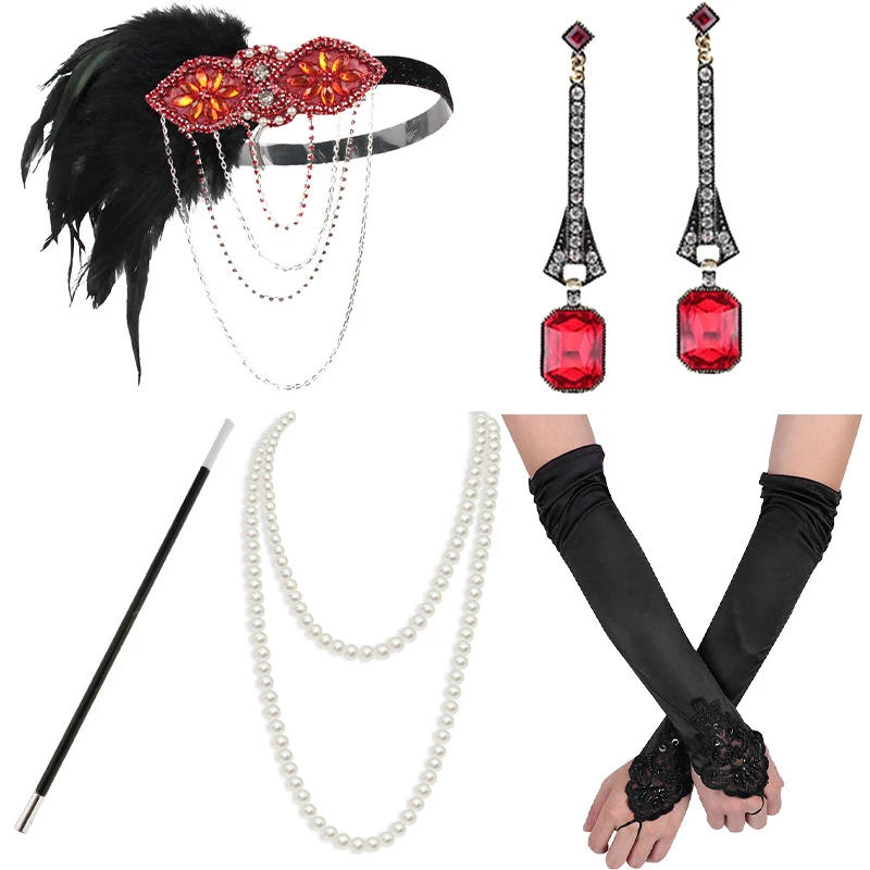 

Винтажный праздничный костюм 1920-х годов с перьями, головной убор для мальчишника, ожерелье и перчатки, набор из 5 предметов, Женский праздвеч...