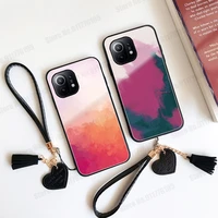 tempered glass water color phone case for xiaomi 11 ultra 10s 10t note 10 lite soft bumper tassel lanyard shockproof phone cover