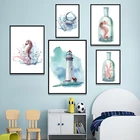 Настенная картина в скандинавском стиле с изображением маяков, морских животных, домашний декор, модульные картины, акварельный постер для детской комнаты