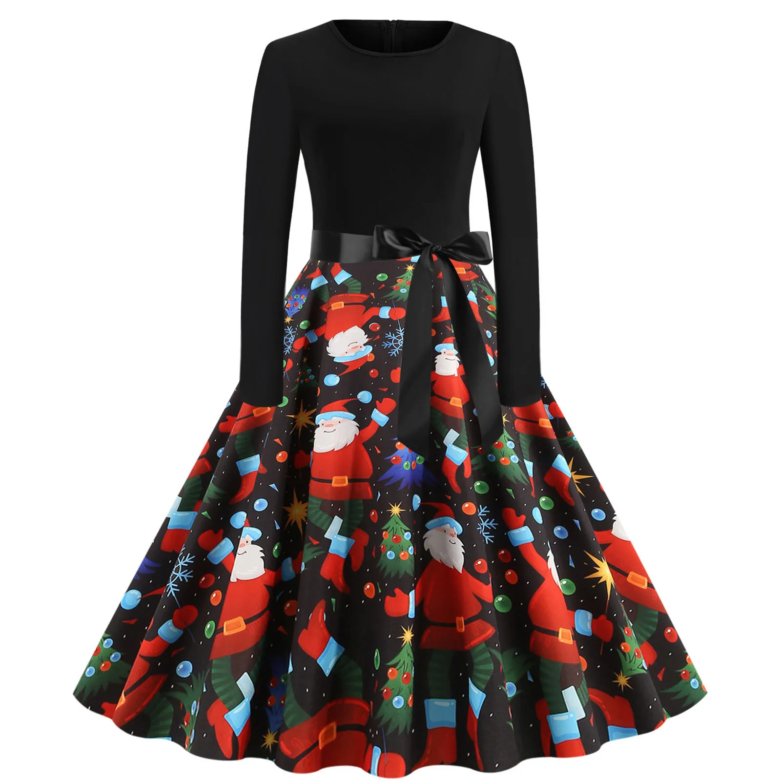 

Women Christmas Dress 2021 Vintage Dresses Black Winter Santa Claus Print Long Sleeve Pinup Robe Noel Swing Xmas Party Vestidos