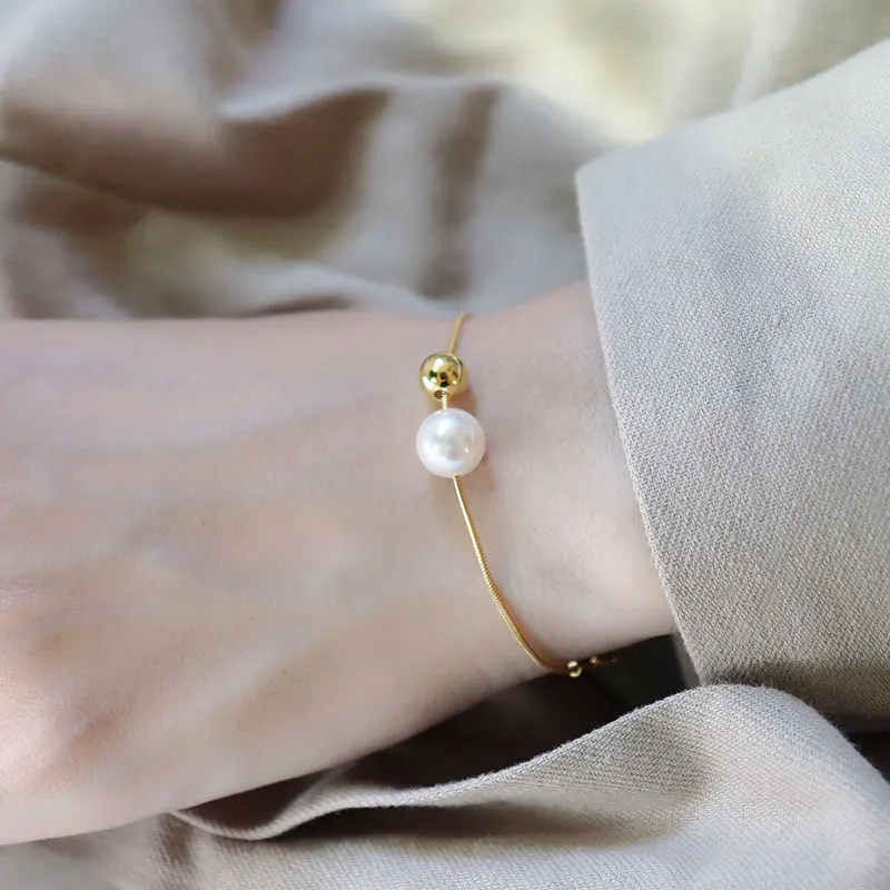 

Cold wind S925 sterling silver double beads snake bone bracelet female pearl original temperament personality simple girl