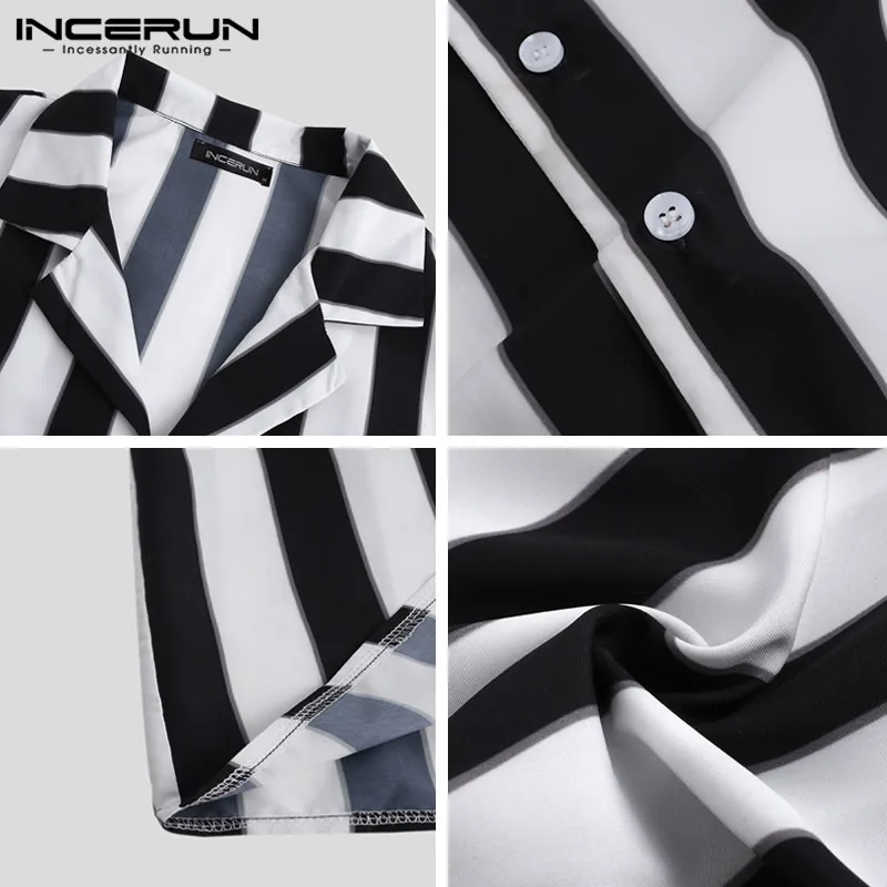 INCERUN Men Striped Shirt Casual Lapel Neck Short Sleeve Button Brand Shirt Chic Loose Streetwear Vacation Blouse Chemise 2023