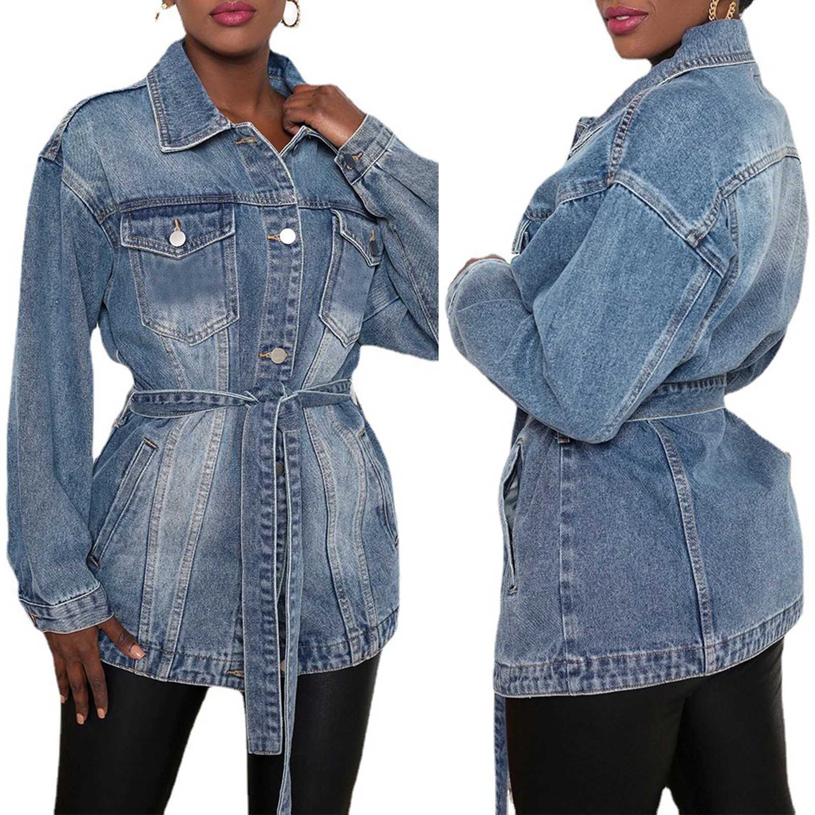 

Female Loose Fashion Denim Jacket Turn-Down Collar Long Sleeve Coat with Pockets Waist Belt for Spring Fall Blue