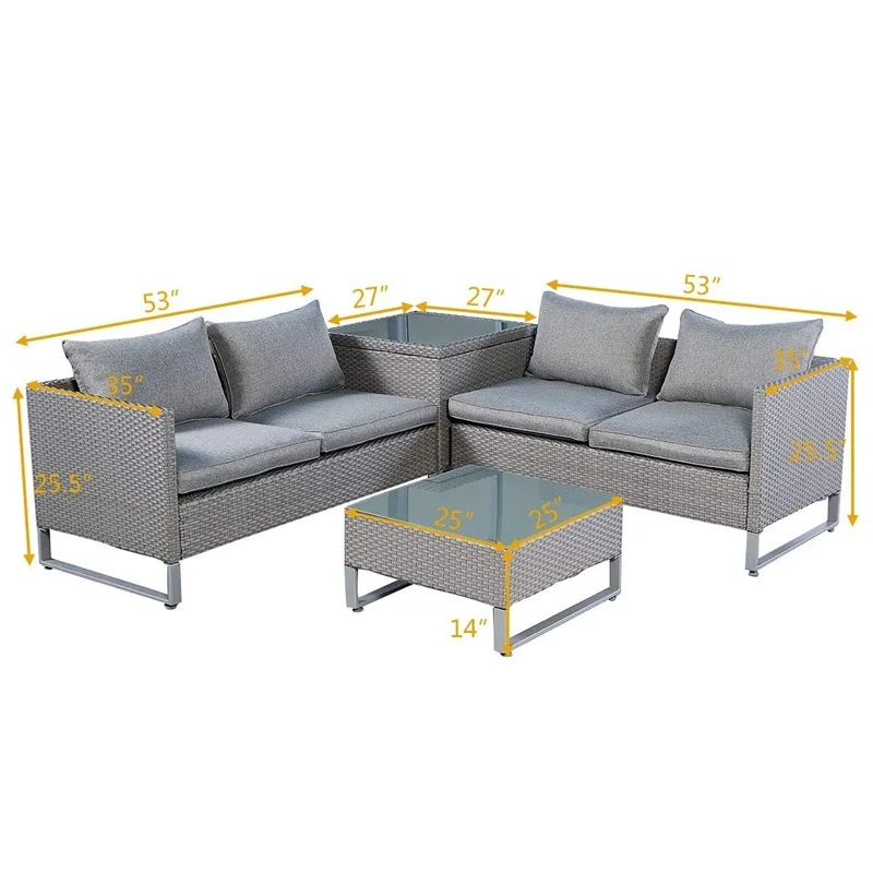 4 шт. ротанга патио диван мягкое сиденье серый сад плетеные наборы Погодостойкая