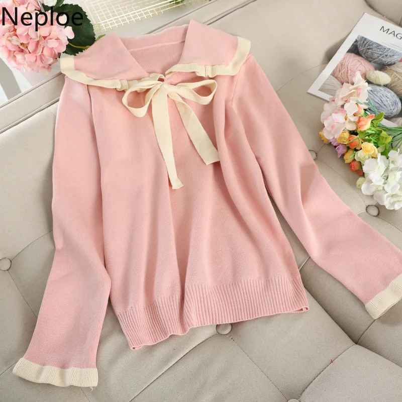 Neploe женский Однотонный свитер с круглым отложным воротником и длинным рукавом