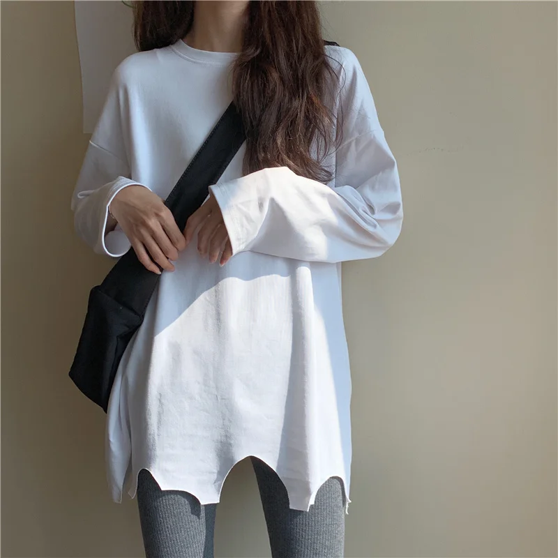 

Real Shot Cost-Effective! Loose Hole Long Sleeve round Neck White