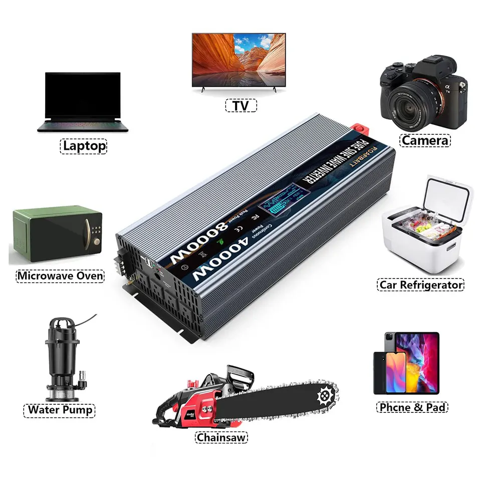 

2021 Pure sine wave power inverter 4000 w 12V DC to AC 110V 120V peak power 8000 W, with remote controller and 4 AC sockets