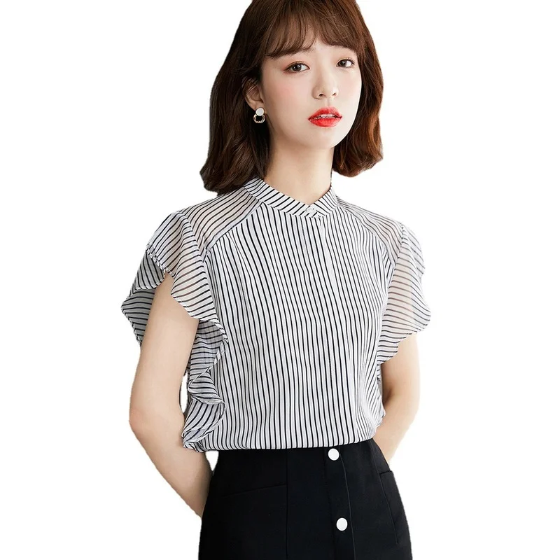 

Houthion Chiffon Slim Women's Blouses New Casual Blouse Fashion Flying Sleeve Top Stripe O-neck Shirt Summer