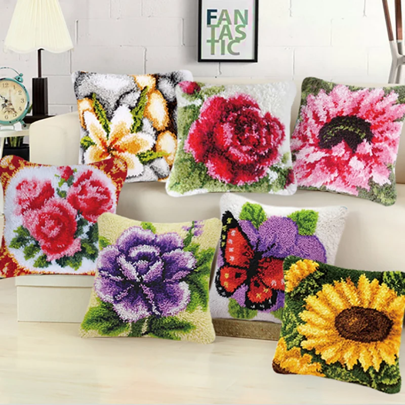 Serie de plantas, artesanía artesanal, sección bordada, almohada de lana gruesa, flores hermosas, materiales de Alfombra tejida a mano