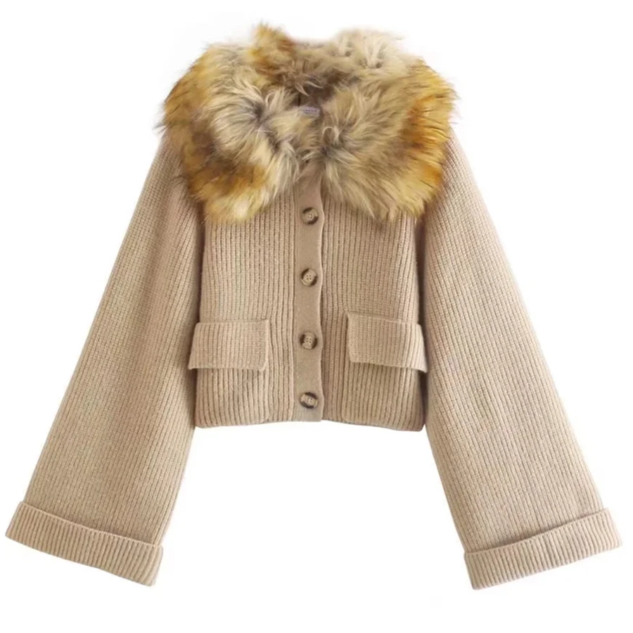 

Withered England Syle High Street Vintage Pockets Loose Patchwork Knitted Artificial fur Jackets Womrn Short Coat Women Tops