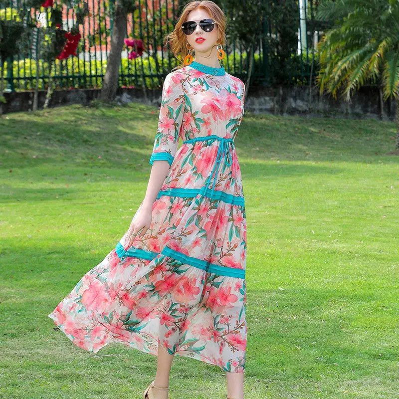 

2021 New Summer Women Fashion Runway Designer Long Vestidos Ladies Elegant Flower Print Bohemian Holiday Chiffon Dresses B66