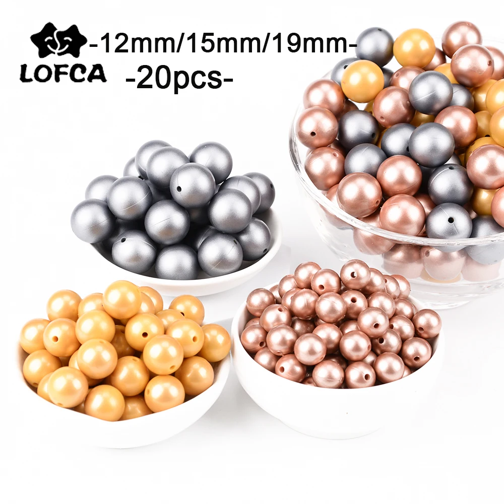 

LOFCA 20Pcs metallic silver Print 12/15/19mm Silicone Loose Beads DIY Chewable Teething Beads BPA Free Baby Teether