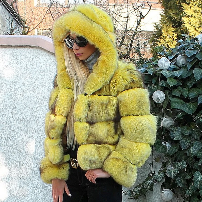 Luxury Women Yellow Fur Coats Natural 2022 New Winter Fashion Real Fox Fur Jacket With Hood Thick Warm Overcoats Trendy Woman