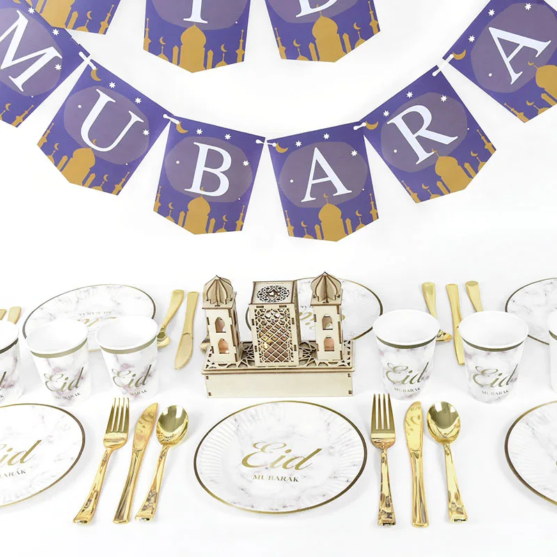 Eid Мубарак мраморный узор одноразовая посуда бумажная тарелка чашка баннер