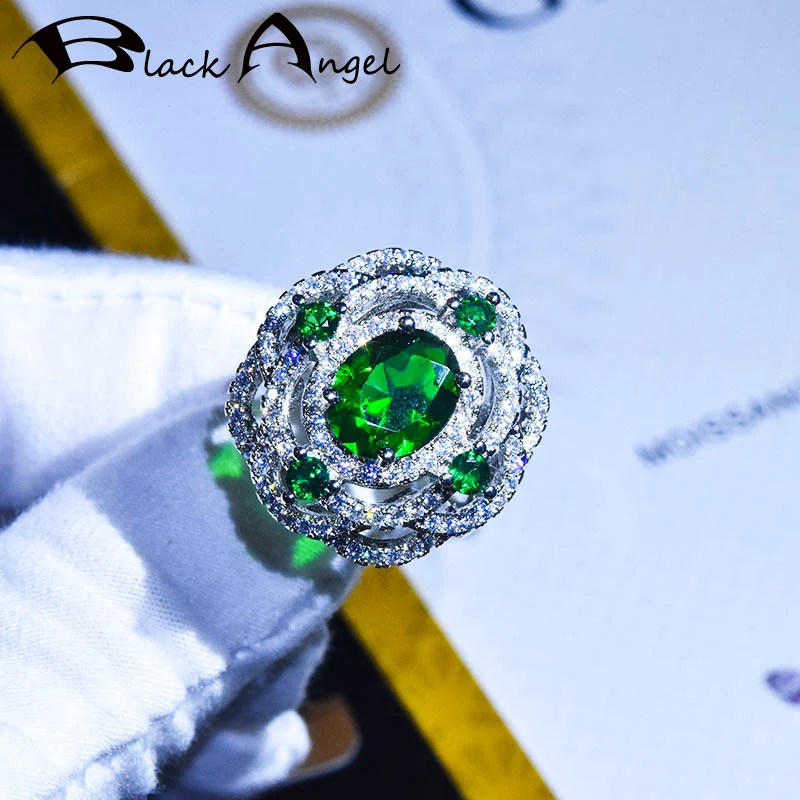 

BLACK ANGEL New 925 Silver Lab Created Luxury Emerald Green Gemstone Rose Flower Resizable Ring For Women Jewelry Wedding Gift